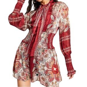 Aria Cove Printed Smocked Puff Sleeve Button Down Dress